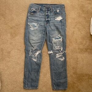Medium Wash, American Eagle, Straight Crop, High Rise, Distressed Jeans